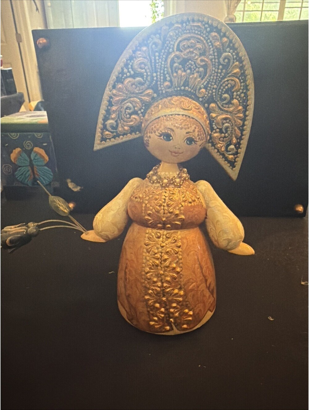 Russian Hand Painted Wooden Folk Doll Fro Tverskey UZOR Workshop In Tver Russia